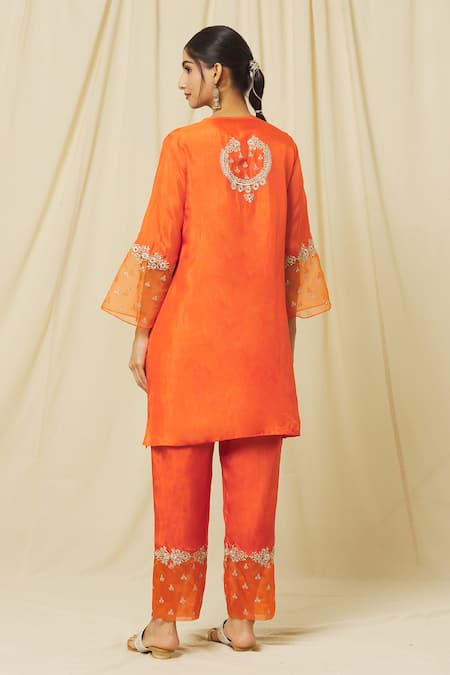 Shop Omana By Ranjana Bothra Orange Tussar, Cotton, Organza Sequins, Nusrat Bloom Vine Marodi Kurta Pant Set at Aza Fashions Shop_Omana By Ranjana Bothra_Orange Tussar, Cotton, Organza Sequins, Nusrat Bloom Vine Marodi Kurta Pant Set _at_Aza_Fashions