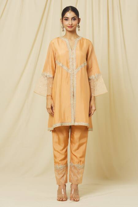 Omana By Ranjana Bothra Peach Tussar, Cotton, Organza Sequins, Nusrat Flora Vine Marodi Kurta Pant Set Online at Aza Fashions Omana By Ranjana Bothra_Peach Tussar, Cotton, Organza Sequins, Nusrat Flora Vine Marodi Kurta Pant Set _Online_at_Aza_Fashions