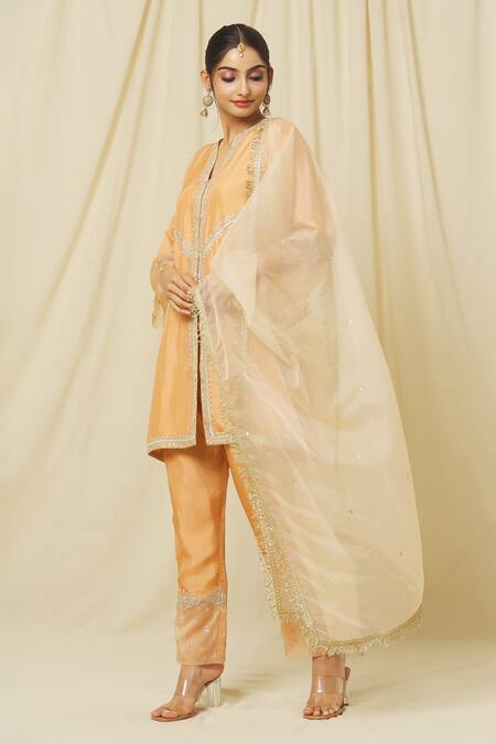 Buy Omana By Ranjana Bothra Peach Tussar, Cotton, Organza Sequins, Nusrat Flora Vine Marodi Kurta Pant Set Online at Aza Fashions Buy_Omana By Ranjana Bothra_Peach Tussar, Cotton, Organza Sequins, Nusrat Flora Vine Marodi Kurta Pant Set _Online_at_Aza_Fashions