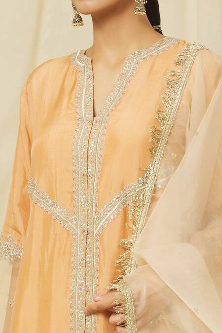 Shop Omana By Ranjana Bothra Peach Tussar, Cotton, Organza Sequins, Nusrat Flora Vine Marodi Kurta Pant Set Online at Aza Fashions Shop_Omana By Ranjana Bothra_Peach Tussar, Cotton, Organza Sequins, Nusrat Flora Vine Marodi Kurta Pant Set _Online_at_Aza_Fashions