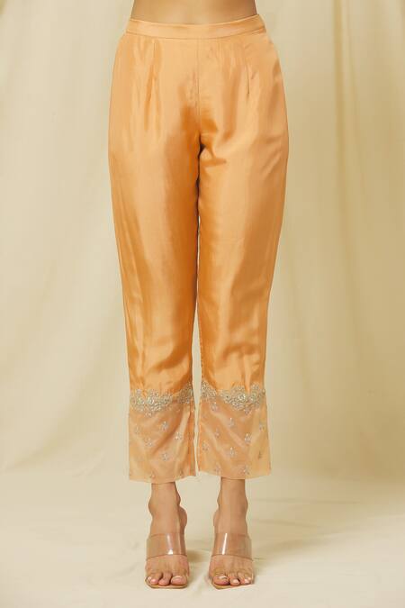 Omana By Ranjana Bothra Peach Tussar, Cotton, Organza Sequins, Nusrat Flora Vine Marodi Kurta Pant Set at Aza Fashions Omana By Ranjana Bothra_Peach Tussar, Cotton, Organza Sequins, Nusrat Flora Vine Marodi Kurta Pant Set _at_Aza_Fashions