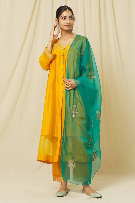Buy Omana By Ranjana Bothra Yellow Tussar, Cotton, Organza Sequins, Zeenat Gardenia Marodi Kurta Pant Set Online at Aza Fashions Buy_Omana By Ranjana Bothra_Yellow Tussar, Cotton, Organza Sequins, Zeenat Gardenia Marodi Kurta Pant Set _Online_at_Aza_Fashions