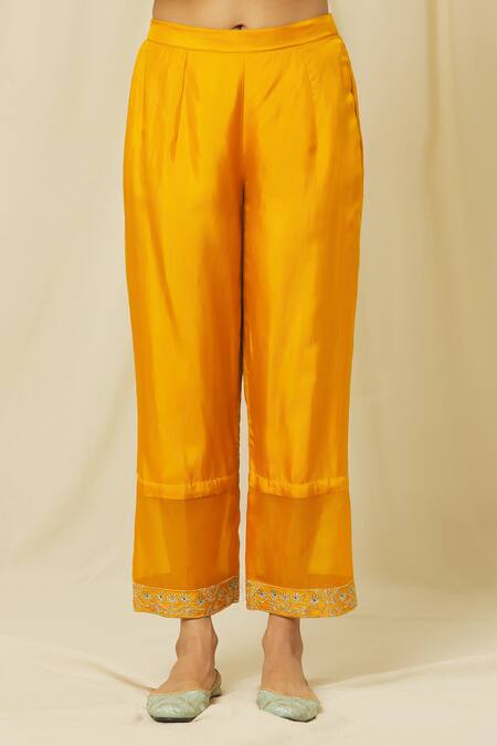 Omana By Ranjana Bothra Yellow Tussar, Cotton, Organza Sequins, Zeenat Gardenia Marodi Kurta Pant Set at Aza Fashions Omana By Ranjana Bothra_Yellow Tussar, Cotton, Organza Sequins, Zeenat Gardenia Marodi Kurta Pant Set _at_Aza_Fashions