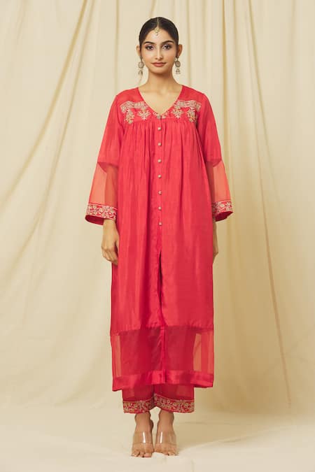 Omana By Ranjana Bothra Red Tussar, Cotton, Organza Sequins, Zeenat Floral Marodi Kurta Pant Set Online at Aza Fashions Omana By Ranjana Bothra_Red Tussar, Cotton, Organza Sequins, Zeenat Floral Marodi Kurta Pant Set _Online_at_Aza_Fashions