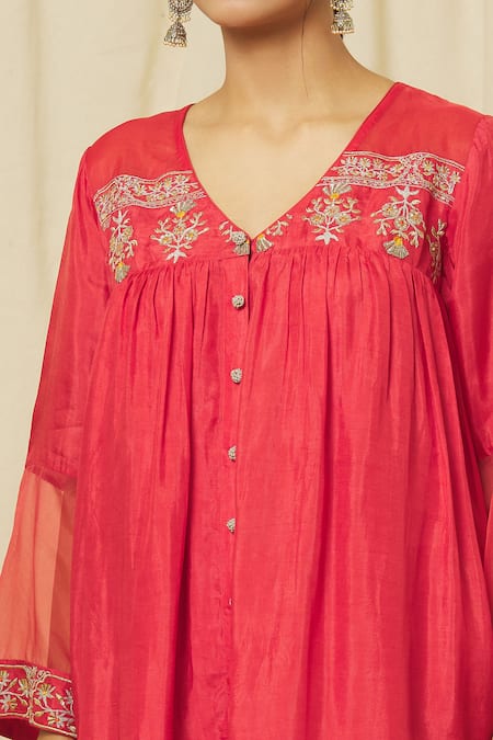 Buy Omana By Ranjana Bothra Red Tussar, Cotton, Organza Sequins, Zeenat Floral Marodi Kurta Pant Set Online at Aza Fashions Buy_Omana By Ranjana Bothra_Red Tussar, Cotton, Organza Sequins, Zeenat Floral Marodi Kurta Pant Set _Online_at_Aza_Fashions