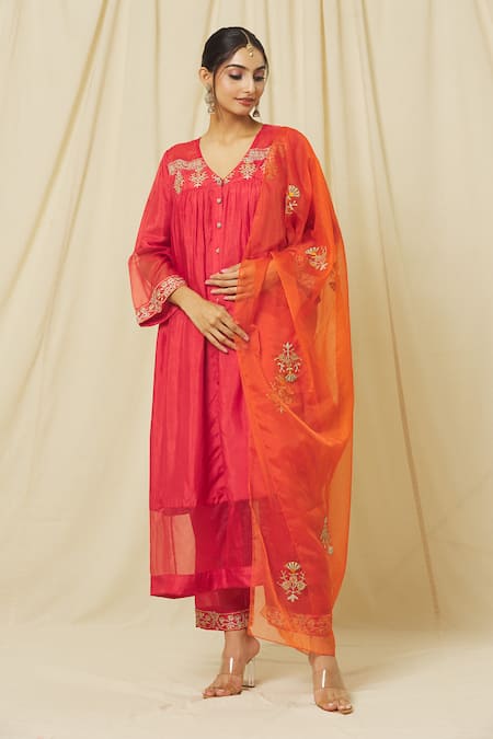 Shop Omana By Ranjana Bothra Red Tussar, Cotton, Organza Sequins, Zeenat Floral Marodi Kurta Pant Set Online at Aza Fashions Shop_Omana By Ranjana Bothra_Red Tussar, Cotton, Organza Sequins, Zeenat Floral Marodi Kurta Pant Set _Online_at_Aza_Fashions