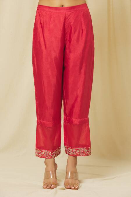 Omana By Ranjana Bothra Red Tussar, Cotton, Organza Sequins, Zeenat Floral Marodi Kurta Pant Set at Aza Fashions Omana By Ranjana Bothra_Red Tussar, Cotton, Organza Sequins, Zeenat Floral Marodi Kurta Pant Set _at_Aza_Fashions