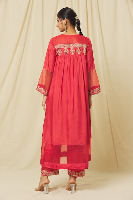 Shop Omana By Ranjana Bothra Red Tussar, Cotton, Organza Sequins, Zeenat Floral Marodi Kurta Pant Set at Aza Fashions Shop_Omana By Ranjana Bothra_Red Tussar, Cotton, Organza Sequins, Zeenat Floral Marodi Kurta Pant Set _at_Aza_Fashions