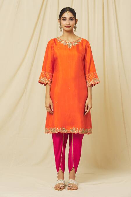 Omana By Ranjana Bothra Orange Tussar, Satin, Organza Sequins, Zari, Shabana Blossom Kurta Dhoti Set Online at Aza Fashions Omana By Ranjana Bothra_Orange Tussar, Satin, Organza Sequins, Zari, Shabana Blossom Kurta Dhoti Set _Online_at_Aza_Fashions