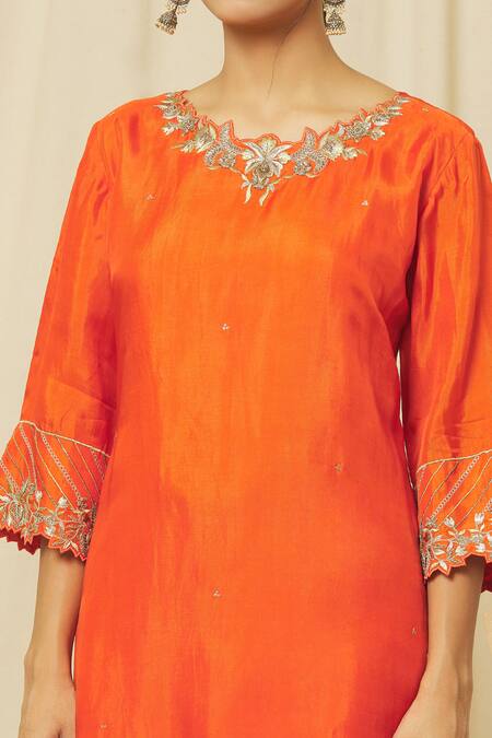 Buy Omana By Ranjana Bothra Orange Tussar, Satin, Organza Sequins, Zari, Shabana Blossom Kurta Dhoti Set Online at Aza Fashions Buy_Omana By Ranjana Bothra_Orange Tussar, Satin, Organza Sequins, Zari, Shabana Blossom Kurta Dhoti Set _Online_at_Aza_Fashions