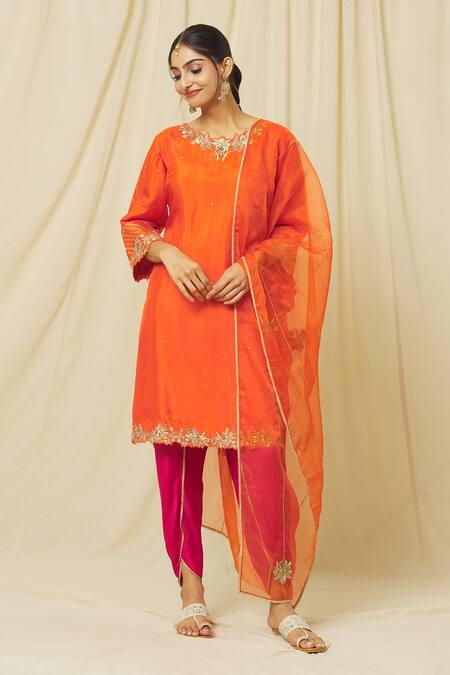 Shop Omana By Ranjana Bothra Orange Tussar, Satin, Organza Sequins, Zari, Shabana Blossom Kurta Dhoti Set Online at Aza Fashions Shop_Omana By Ranjana Bothra_Orange Tussar, Satin, Organza Sequins, Zari, Shabana Blossom Kurta Dhoti Set _Online_at_Aza_Fashions