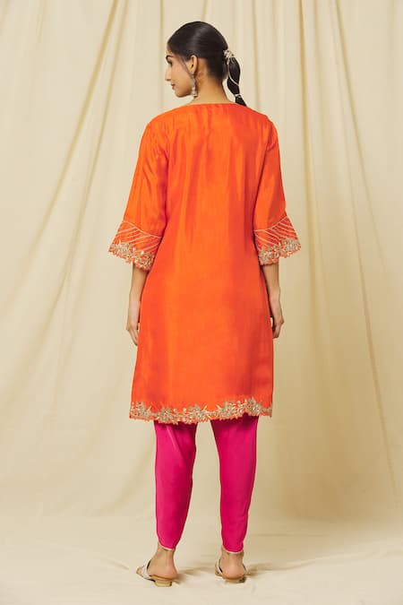 Shop Omana By Ranjana Bothra Orange Tussar, Satin, Organza Sequins, Zari, Shabana Blossom Kurta Dhoti Set at Aza Fashions Shop_Omana By Ranjana Bothra_Orange Tussar, Satin, Organza Sequins, Zari, Shabana Blossom Kurta Dhoti Set _at_Aza_Fashions