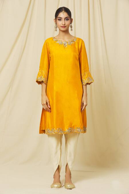 Omana By Ranjana Bothra Yellow Tussar, Organza, Satin Sequins, Zari, Shabana Flora Kurta Dhoti Set Online at Aza Fashions Omana By Ranjana Bothra_Yellow Tussar, Organza, Satin Sequins, Zari, Shabana Flora Kurta Dhoti Set _Online_at_Aza_Fashions