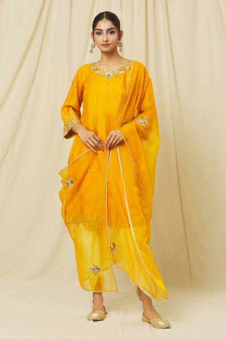 Buy Omana By Ranjana Bothra Yellow Tussar, Organza, Satin Sequins, Zari, Shabana Flora Kurta Dhoti Set Online at Aza Fashions Buy_Omana By Ranjana Bothra_Yellow Tussar, Organza, Satin Sequins, Zari, Shabana Flora Kurta Dhoti Set _Online_at_Aza_Fashions