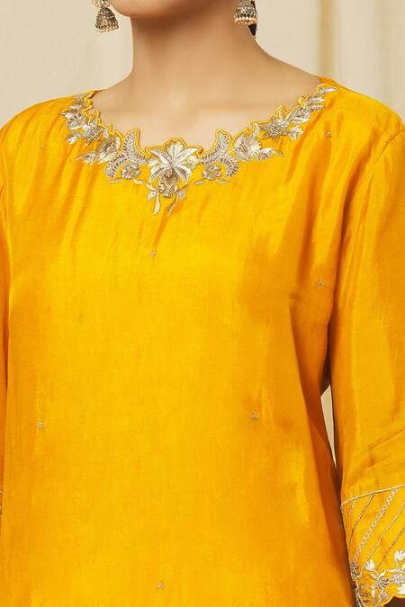 Shop Omana By Ranjana Bothra Yellow Tussar, Organza, Satin Sequins, Zari, Shabana Flora Kurta Dhoti Set Online at Aza Fashions Shop_Omana By Ranjana Bothra_Yellow Tussar, Organza, Satin Sequins, Zari, Shabana Flora Kurta Dhoti Set _Online_at_Aza_Fashions