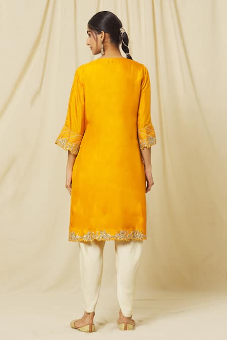 Shop Omana By Ranjana Bothra Yellow Tussar, Organza, Satin Sequins, Zari, Shabana Flora Kurta Dhoti Set at Aza Fashions Shop_Omana By Ranjana Bothra_Yellow Tussar, Organza, Satin Sequins, Zari, Shabana Flora Kurta Dhoti Set _at_Aza_Fashions