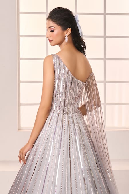 Shop_Masumi Mewawalla X AZA_Grey Net Sequins, Beads Asymmetric Floral Embroidered One Shoulder Gown _Online_at_Aza_Fashions