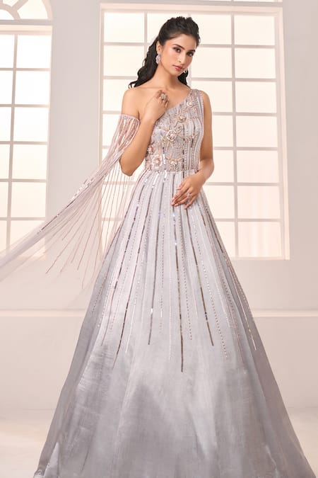 Masumi Mewawalla X AZA_Grey Net Sequins, Beads Asymmetric Floral Embroidered One Shoulder Gown _at_Aza_Fashions