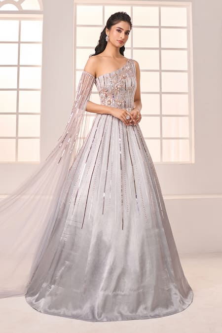 Party Wear Silver color Satin Silk fabric Gown : 1580825