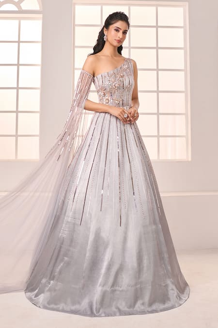 Buy_Masumi Mewawalla X AZA_Grey Net Sequins, Beads Asymmetric Floral Embroidered One Shoulder Gown 