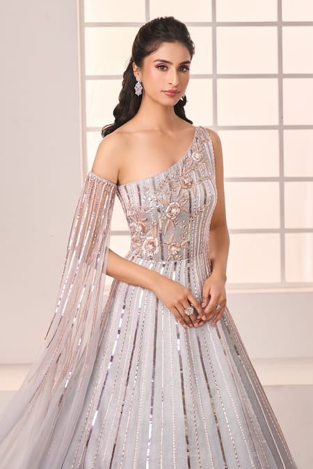 Shop_Masumi Mewawalla X AZA_Grey Net Sequins, Beads Asymmetric Floral Embroidered One Shoulder Gown 