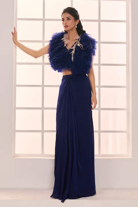 Buy_Masumi Mewawalla X AZA_Blue Satin, Organza, Net Sequins, Embroidery Sweetheart Ruffle Jacket Skirt Set 