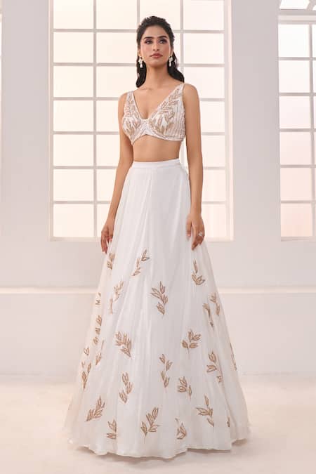 Buy_Masumi Mewawalla X AZA_White Satin, Organza, Net Sequins V-neck Leaf Motif Embroidered Lehenga Set _Online_at_Aza_Fashions