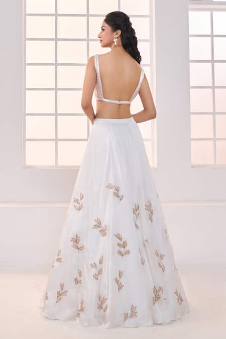 Shop_Masumi Mewawalla X AZA_White Satin, Organza, Net Sequins V-neck Leaf Motif Embroidered Lehenga Set _Online_at_Aza_Fashions