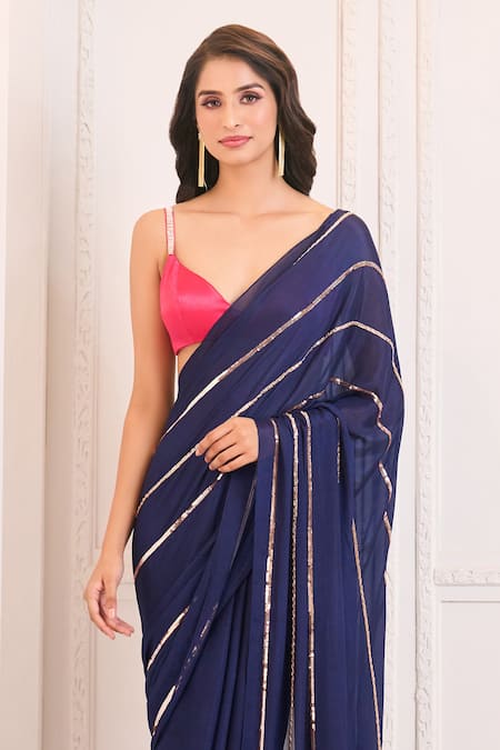 Shop Masumi Mewawalla X AZA Blue Crepe, Satin, Silk, Maheshwari, Stripe Embroidered Saree With Blouse Online at Aza Fashions Shop_Masumi Mewawalla X AZA_Blue Crepe, Satin, Silk, Maheshwari, Stripe Embroidered Saree With Blouse _Online_at_Aza_Fashions