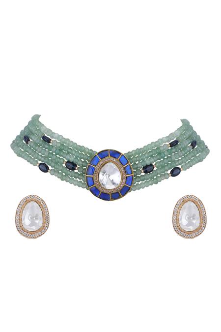 Auraa Trends_Blue Crystals, Diamonds Bead Layered Embellished Pendant Choker Set _Online_at_Aza_Fashions