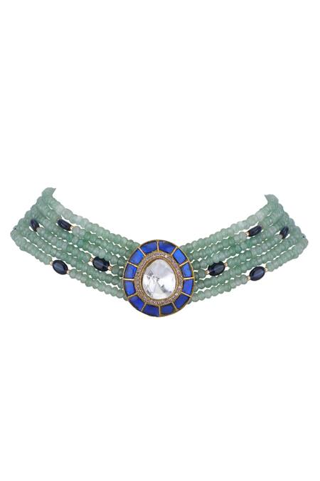 Buy_Auraa Trends_Blue Crystals, Diamonds Bead Layered Embellished Pendant Choker Set _Online_at_Aza_Fashions