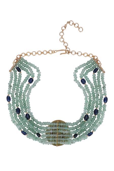Shop_Auraa Trends_Blue Crystals, Diamonds Bead Layered Embellished Pendant Choker Set _Online_at_Aza_Fashions