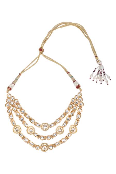 Shop_Auraa Trends_Gold Plated Diamonds, Stones Kundan Embellished Layered Necklace Set _Online_at_Aza_Fashions