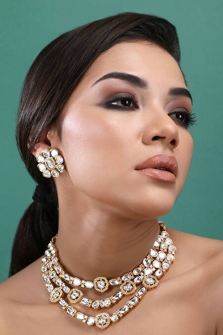 Shop_Auraa Trends_Gold Plated Diamonds, Stones Kundan Embellished Layered Necklace Set 