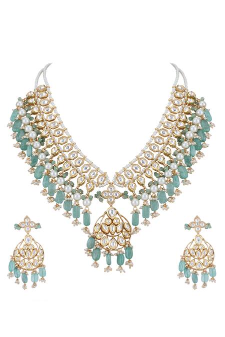 Auraa Trends_Blue Beads, Diamonds Kundan Studded Layered Necklace Set _Online_at_Aza_Fashions