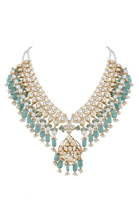 Buy_Auraa Trends_Blue Beads, Diamonds Kundan Studded Layered Necklace Set _Online_at_Aza_Fashions