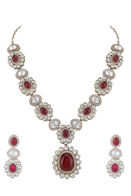 Auraa Trends_Red Diamonds, Stones Studded Pendant Necklace Set _Online_at_Aza_Fashions