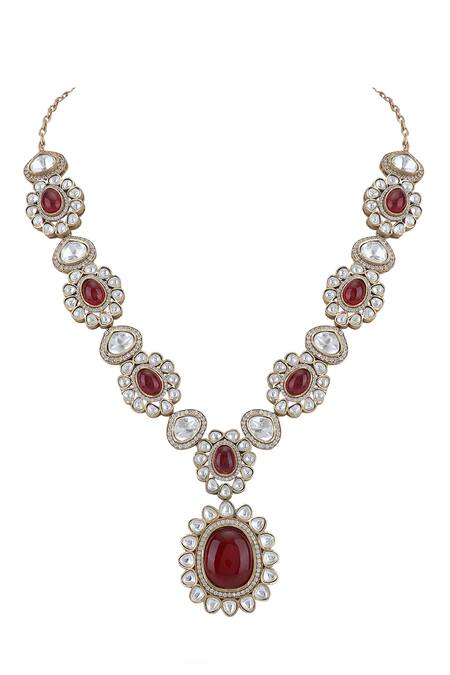 Shop_Auraa Trends_Red Diamonds, Stones Studded Pendant Necklace Set _Online_at_Aza_Fashions
