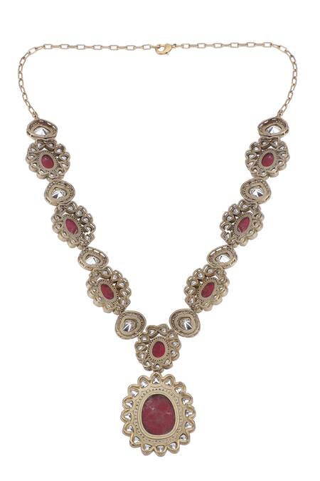 Auraa Trends_Red Diamonds, Stones Studded Pendant Necklace Set _at_Aza_Fashions