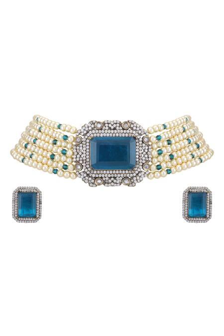 Auraa Trends_Blue Diamonds, Stones Bead Layered Pendant Choker Set _Online_at_Aza_Fashions