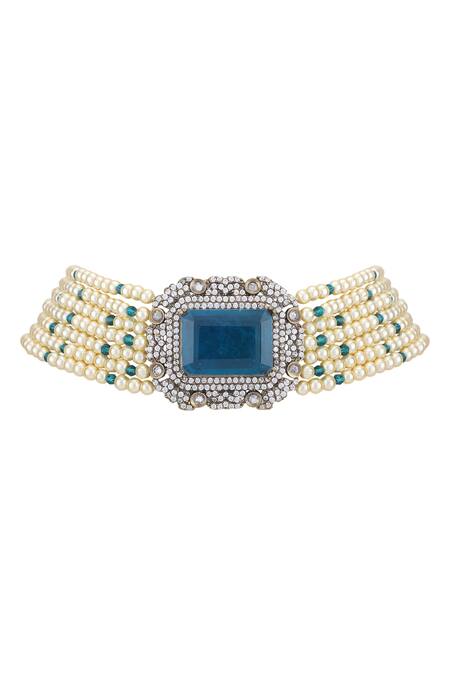 Shop_Auraa Trends_Blue Diamonds, Stones Bead Layered Pendant Choker Set _Online_at_Aza_Fashions