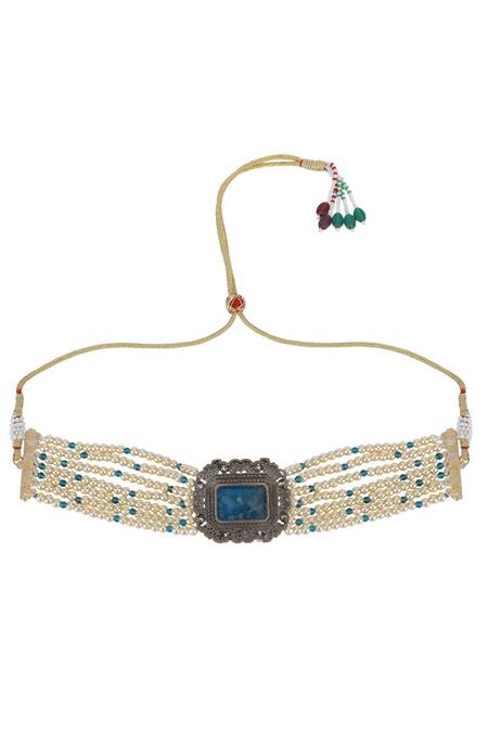 Buy_Auraa Trends_Blue Diamonds, Stones Bead Layered Pendant Choker Set 