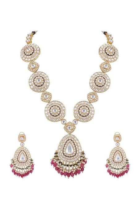 Auraa Trends_Red Diamonds, Beads Tear Drop Shaped Pendant Necklace Set _Online_at_Aza_Fashions