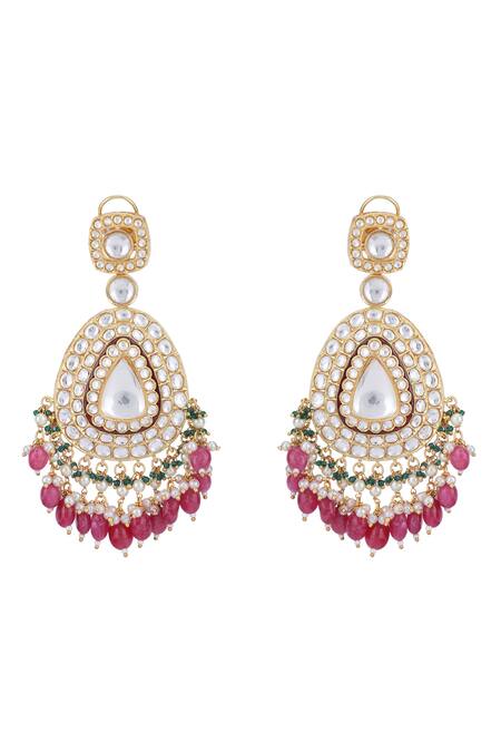 Auraa Trends_Red Diamonds, Beads Tear Drop Shaped Pendant Necklace Set _at_Aza_Fashions