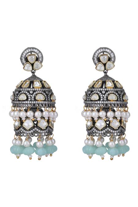 Auraa Trends_Grey Kundan Embellished Jhumkas _Online_at_Aza_Fashions