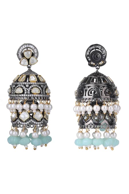 Shop_Auraa Trends_Grey Kundan Embellished Jhumkas _Online_at_Aza_Fashions