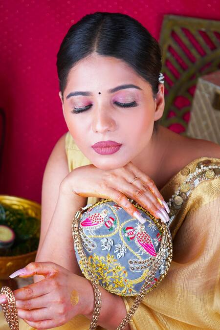 Puneet Gupta Grey Embroidered Shararti Paro Velvet Clutch Online at Aza Fashions Puneet Gupta_Grey Embroidered Shararti Paro Velvet Clutch _Online_at_Aza_Fashions