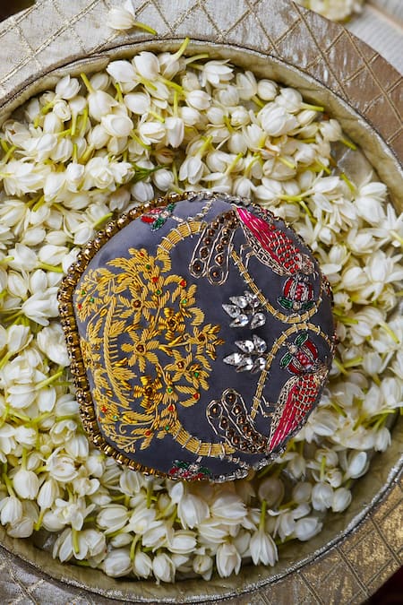 Shop Puneet Gupta Grey Embroidered Shararti Paro Velvet Clutch at Aza Fashions Shop_Puneet Gupta_Grey Embroidered Shararti Paro Velvet Clutch _at_Aza_Fashions