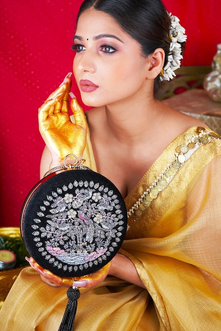 Puneet Gupta_Black Embroidered Zari Velvet Clutch _Online_at_Aza_Fashions