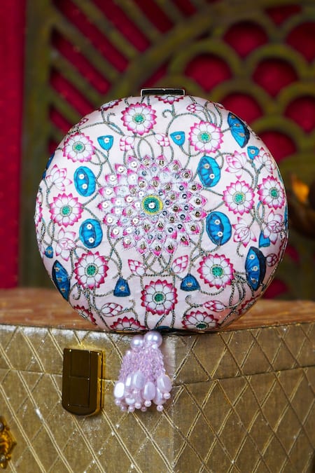 Shop Puneet Gupta Pink Embroidered Kamal Bagh Sequin Embellished Clutch at Aza Fashions Shop_Puneet Gupta_Pink Embroidered Kamal Bagh Sequin Embellished Clutch _at_Aza_Fashions